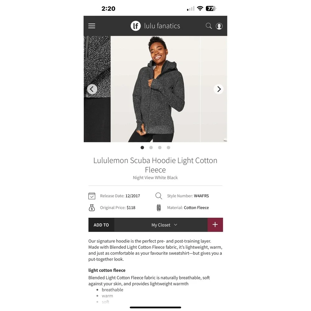 Lululemon Scuba Hoodie Light Cotton Fleece Night View White‎ Black Size 10